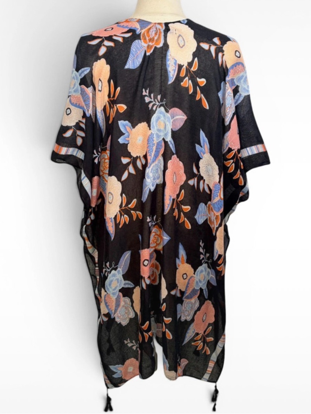 WOVEN HEART Pastel Pink & Blue Floral Black Kimono with Tassels, O/S - Picture 6 of 9